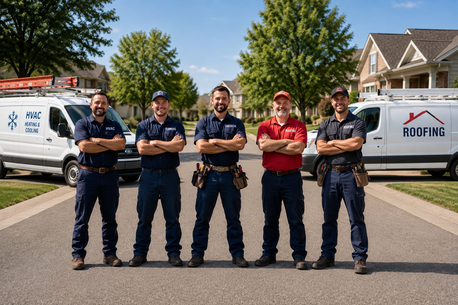 A friendly mixed-trade home-service crew standing in front of white service vans on a sunny residential street